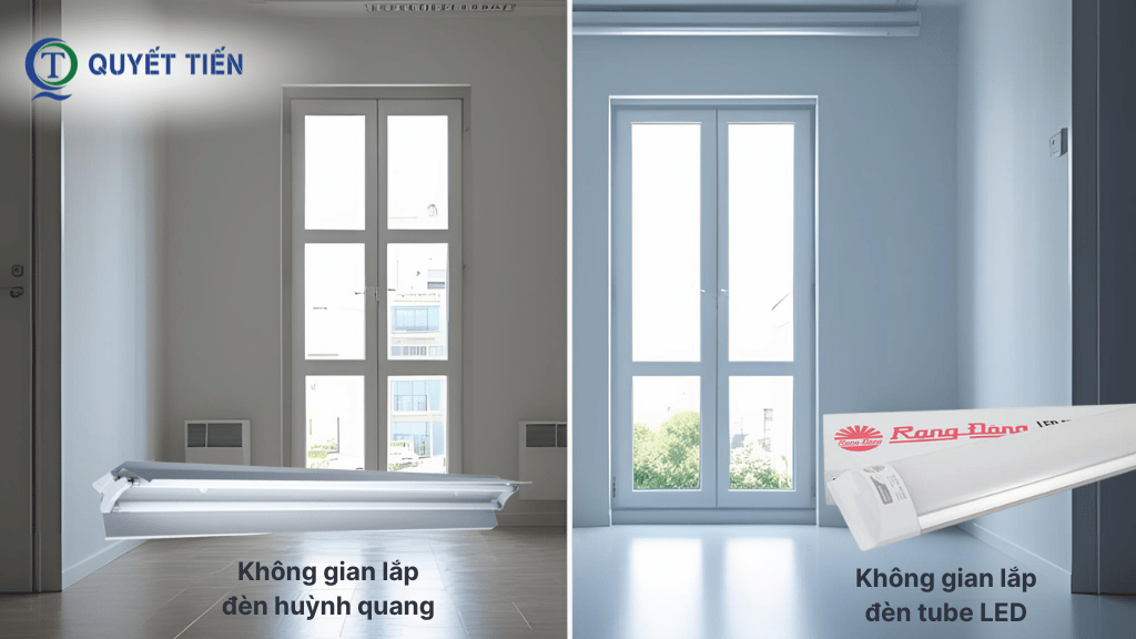 So sánh đèn huỳnh quang (bên trái) và đèn LED tube (bên phải).